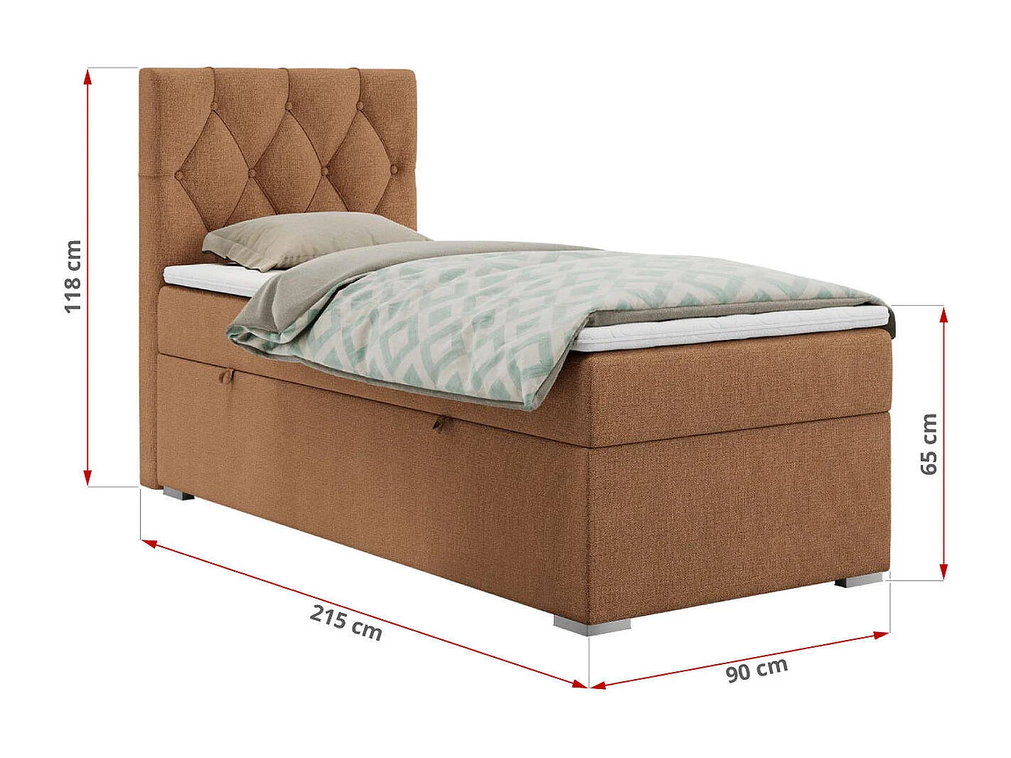 Boxspringbett ALDA - Einzelbett mit gestepptem Kopfteil, Multipocket-Matratze und Topper, Bettkasten - 90x200 cm - H3 - Orange Strukture - Links Seite