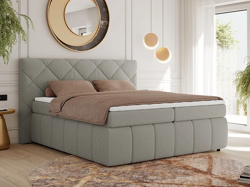 Boxspringbett RITA - Set mit Kopfteil, Multipocket-Matratze und Topper, Doppelbett für Schlafzimmer - 180x200 cm - H3 - Hellgrau Boucle