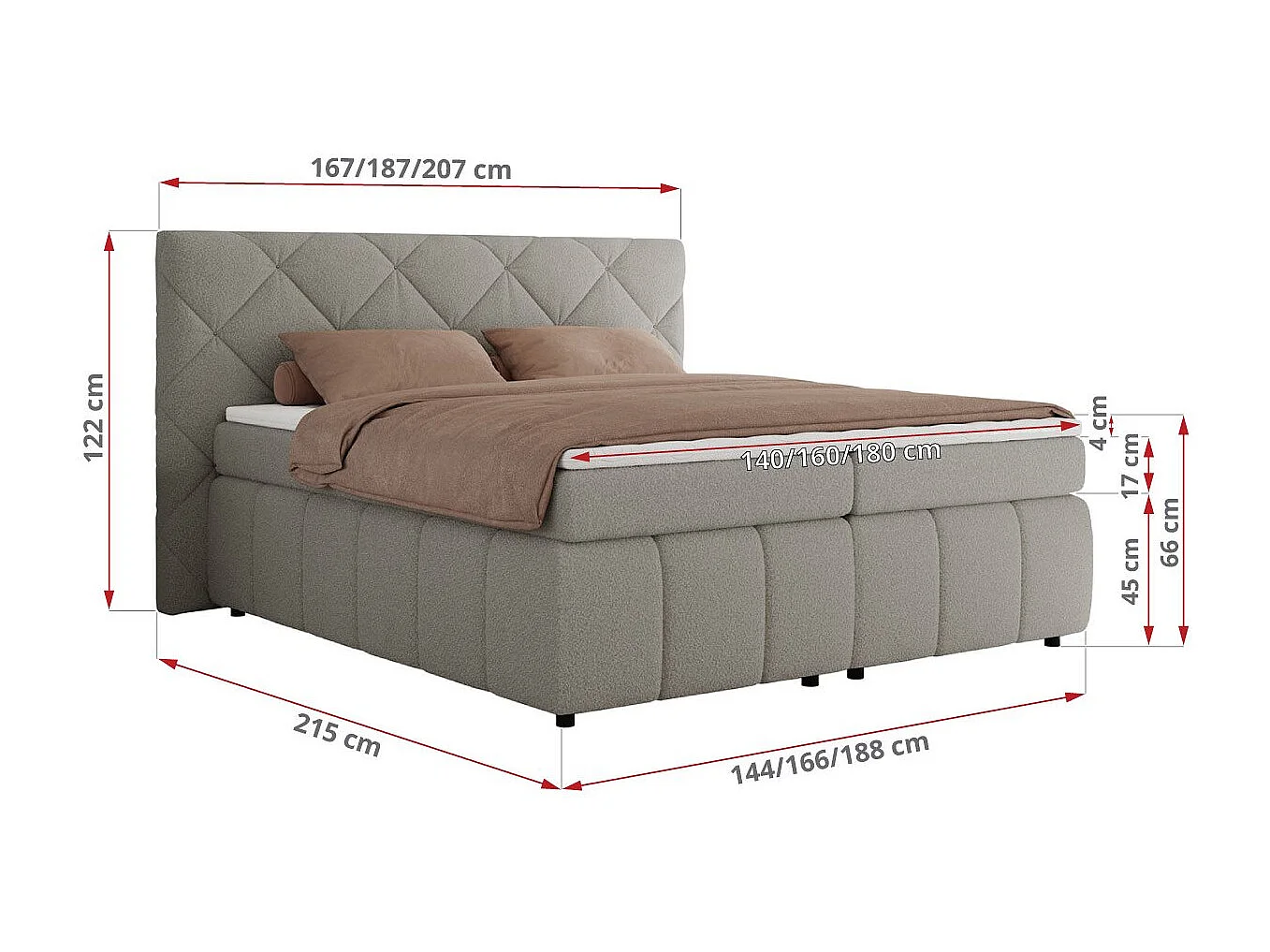 Boxspringbett RITA - Set mit Kopfteil, Multipocket-Matratze und Topper, Doppelbett für Schlafzimmer - 180x200 cm - H3 - Hellgrau Boucle