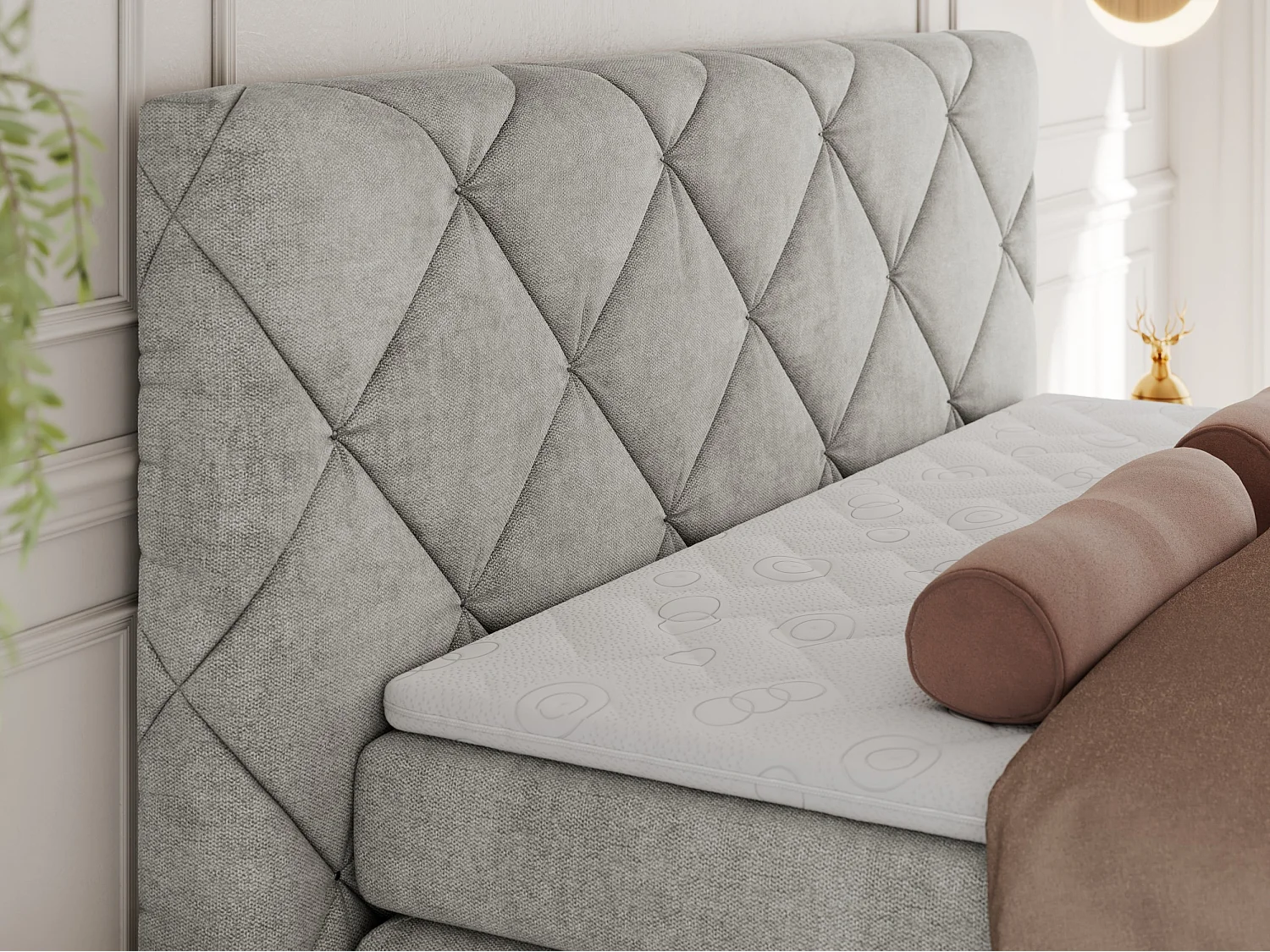 Boxspringbett RITA - Set mit Kopfteil, Multipocket-Matratze und Topper, Doppelbett für Schlafzimmer - 180x200 cm - H3 - Hellgrau Strukture