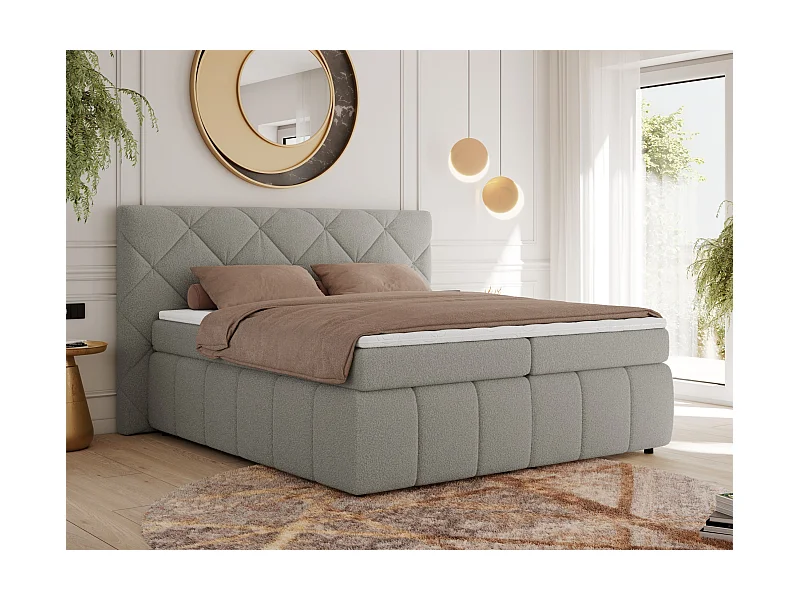 Boxspringbett RITA - Set mit Kopfteil, Multipocket-Matratze und Topper, Doppelbett für Schlafzimmer - 160x200 cm - H3 - Hellgrau Boucle