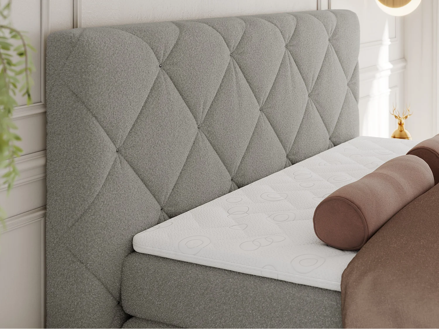 Boxspringbett RITA - Set mit Kopfteil, Multipocket-Matratze und Topper, Doppelbett für Schlafzimmer - 160x200 cm - H3 - Hellgrau Boucle