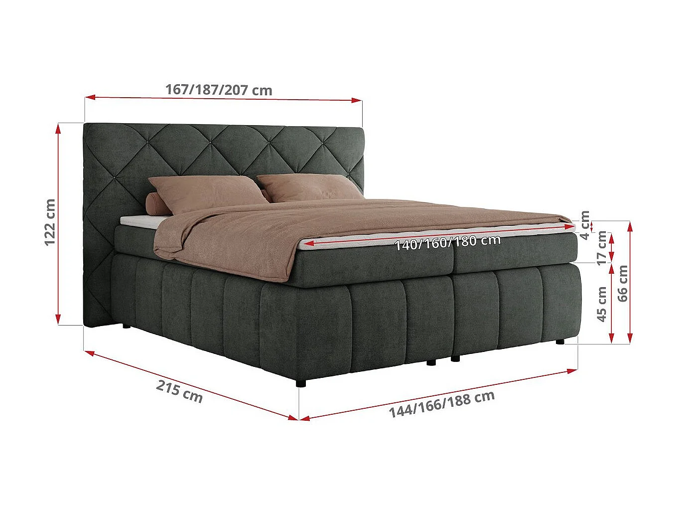 Boxspringbett RITA - Set mit Kopfteil, Multipocket-Matratze und Topper, Doppelbett für Schlafzimmer - 160x200 cm - H3 - Dunkelgrau Strukture