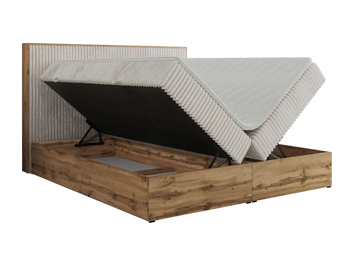 Boxspringbett WOOD CLASSIC - Doppelbett für Schlafzimmer, Set mit Multipocket-Matratze, Holzrahmen - 140x200 cm - H3 - Beige Cord