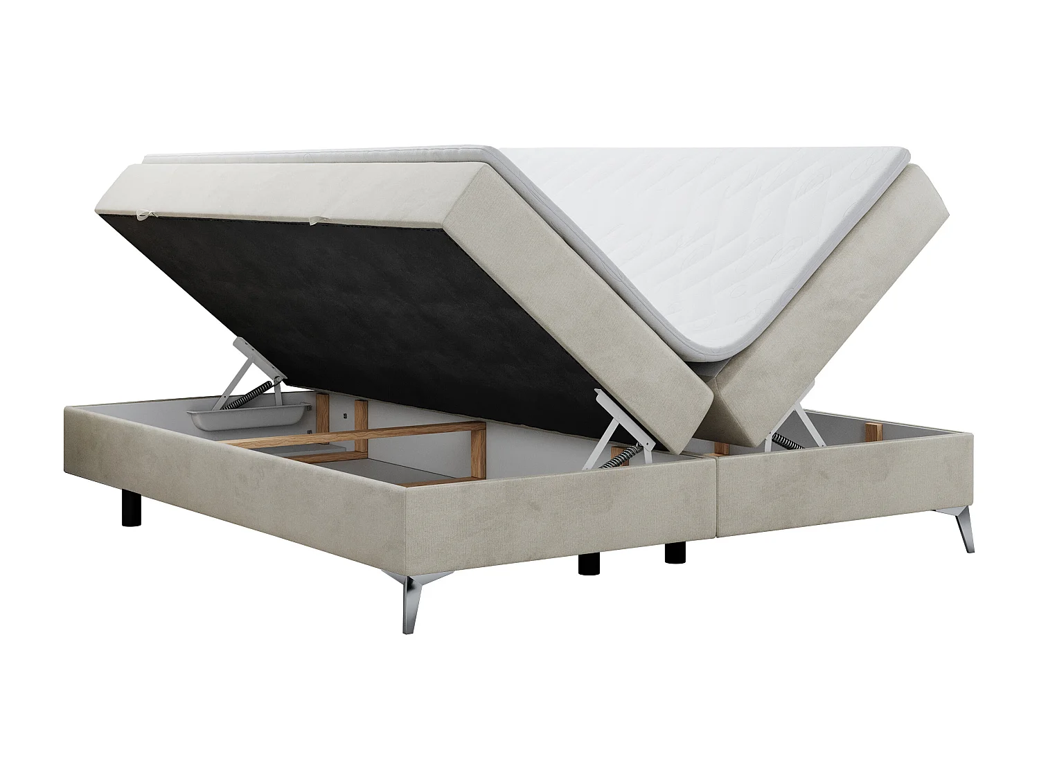 Boxspringbett LESS - Doppelbett mit zwei Bettkästen, 7 Härtezonen Multipocket-Matratzen, hohe Metallbeine - 120x200 cm - H3 - Beige Velvet