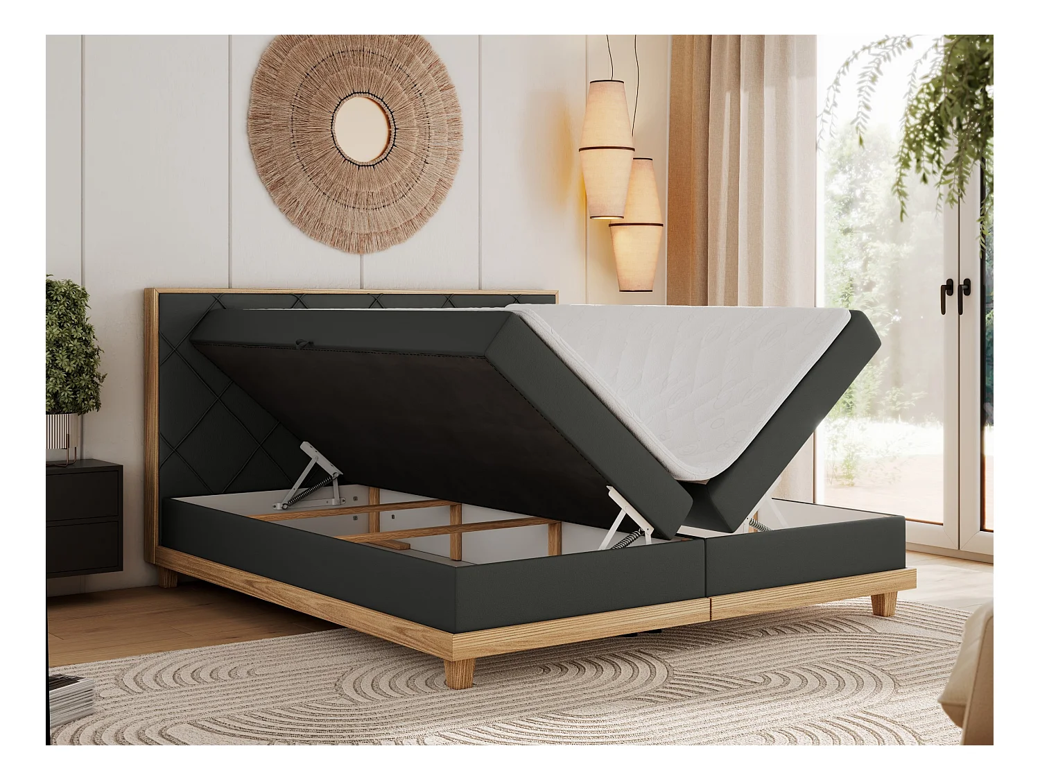 Boxspringbett CAICOS - mit gestepptem Kopfteil, Multipocket-Matratze und Topper, Holzelementen - 180x200 cm - H4 - Dunkelgrau Kunstleder