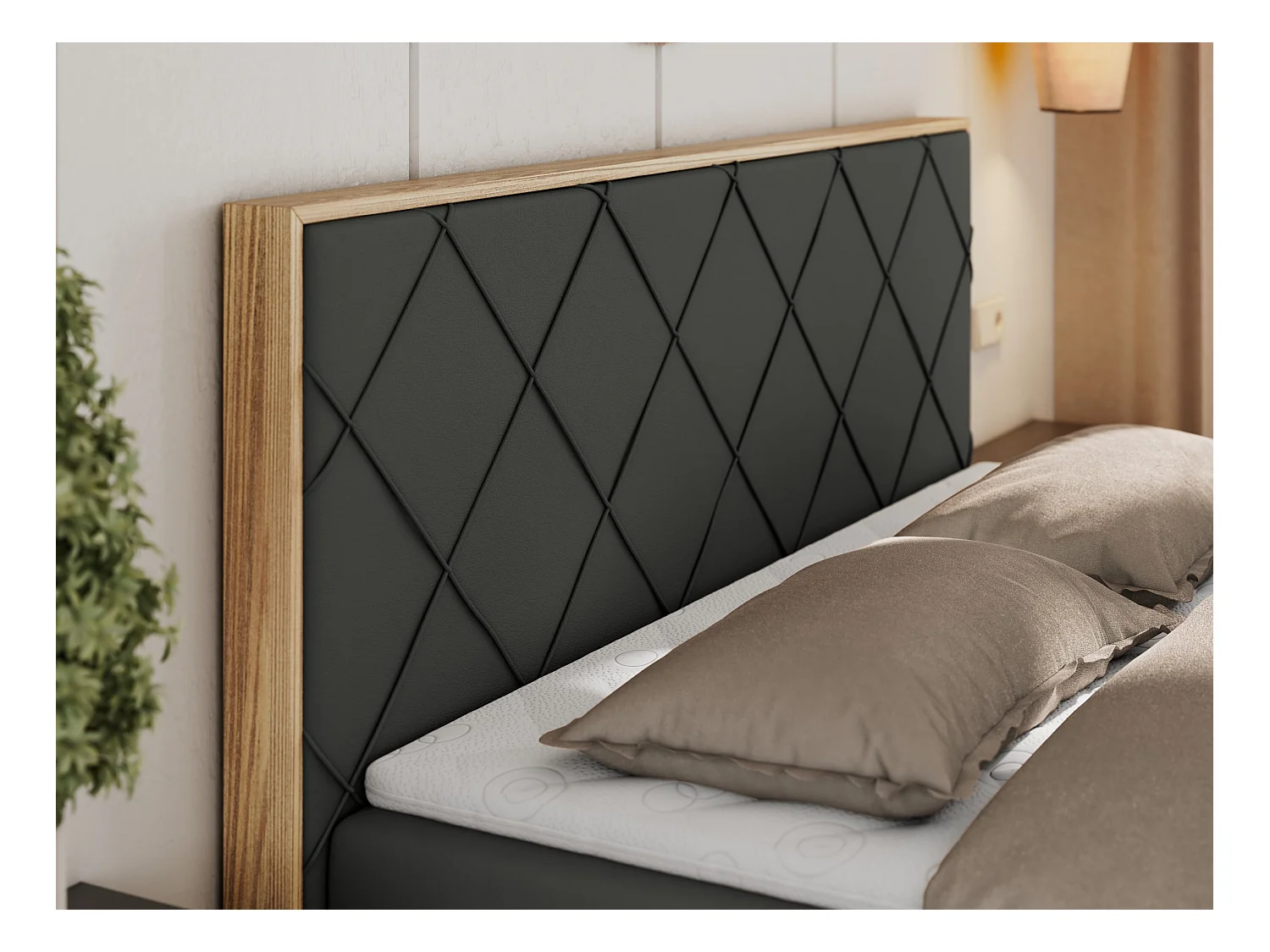 Boxspringbett CAICOS - mit gestepptem Kopfteil, Multipocket-Matratze und Topper, Holzelementen - 180x200 cm - H4 - Dunkelgrau Kunstleder