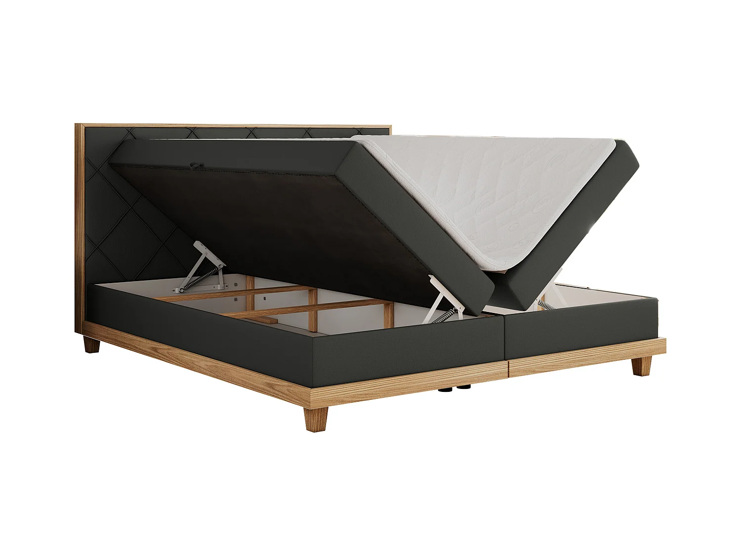 Boxspringbett CAICOS - mit gestepptem Kopfteil, Multipocket-Matratze und Topper, Holzelementen - 180x200 cm - H4 - Dunkelgrau Kunstleder