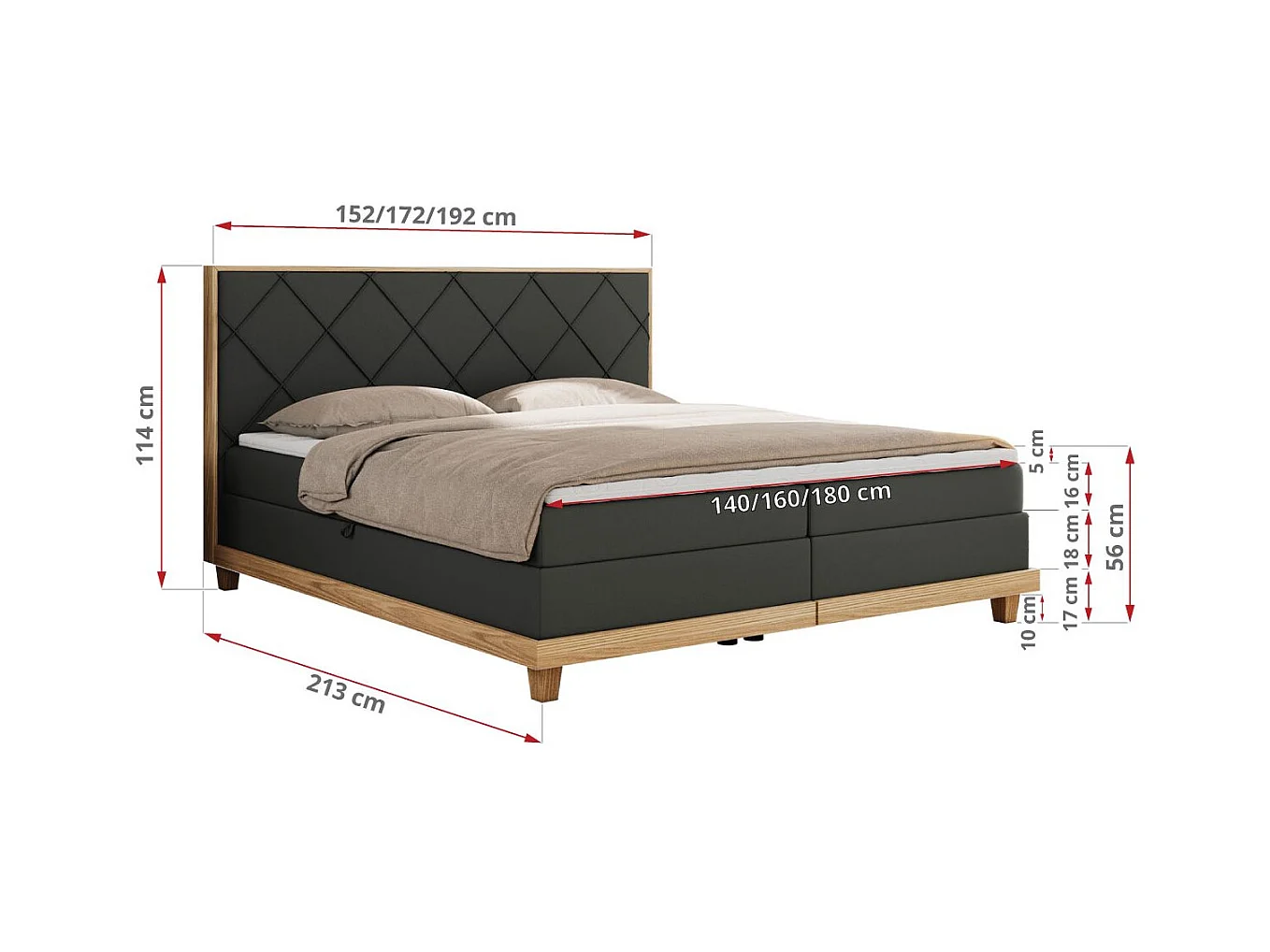 Boxspringbett CAICOS - mit gestepptem Kopfteil, Multipocket-Matratze und Topper, Holzelementen - 180x200 cm - H4 - Dunkelgrau Kunstleder