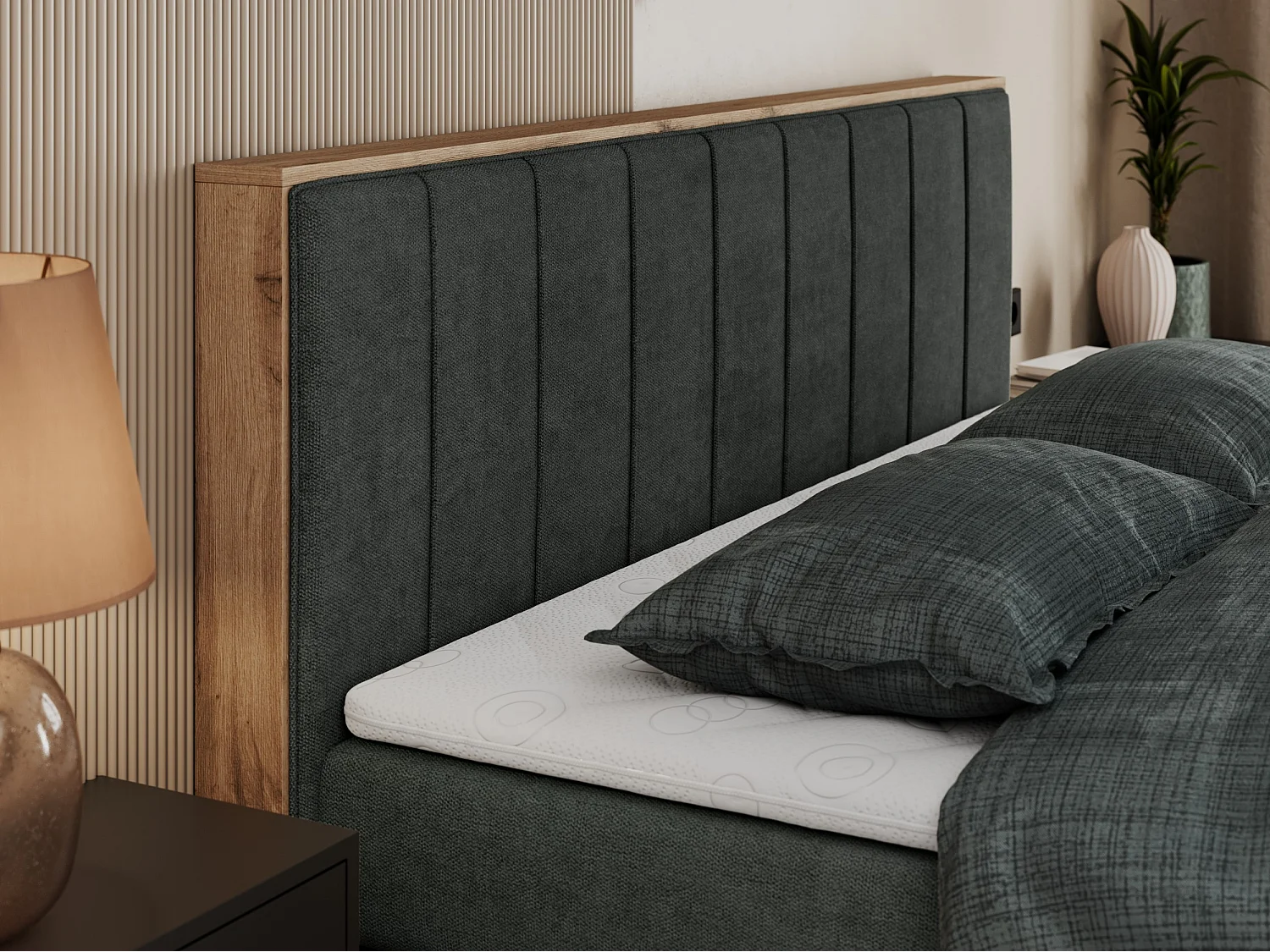 Boxspringbett BELLISSIMO KING - für Schlafzimmer, zwei Multipocket-Matratzen, Set mit Kopfteil und Topper, Holzrahmen - 140x200 cm - H3 - Dunkelgrau Strukture