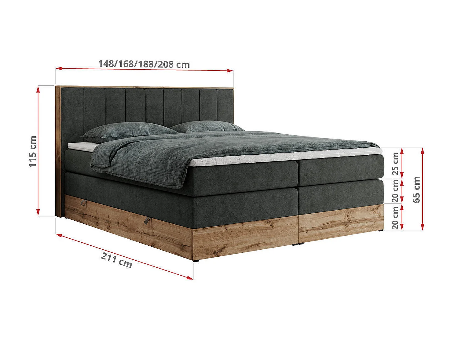 Boxspringbett BELLISSIMO KING - für Schlafzimmer, zwei Multipocket-Matratzen, Set mit Kopfteil und Topper, Holzrahmen - 140x200 cm - H3 - Dunkelgrau Strukture