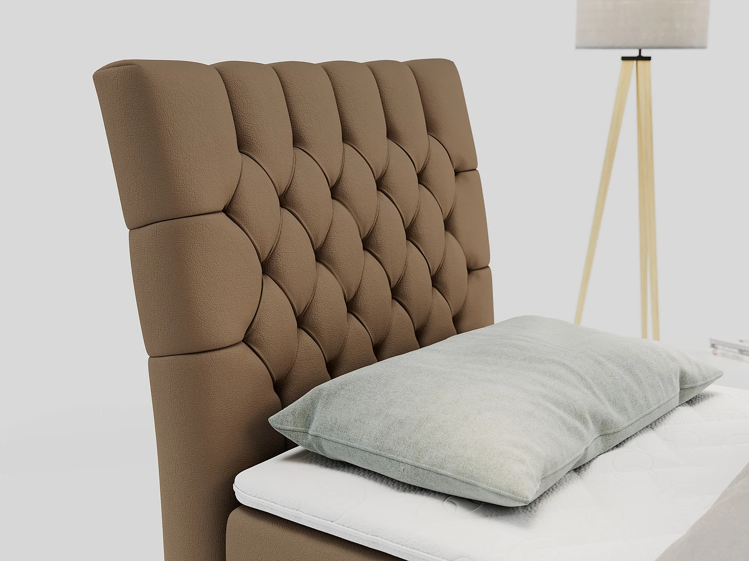 Boxspringbett MILEN - Polsterbett auf Metallbeine, Set mit Multipocket-Matratze, Gesteppte Kopfstütze - 90x200 cm - H3 - Braun Kunstleder - Links Seite