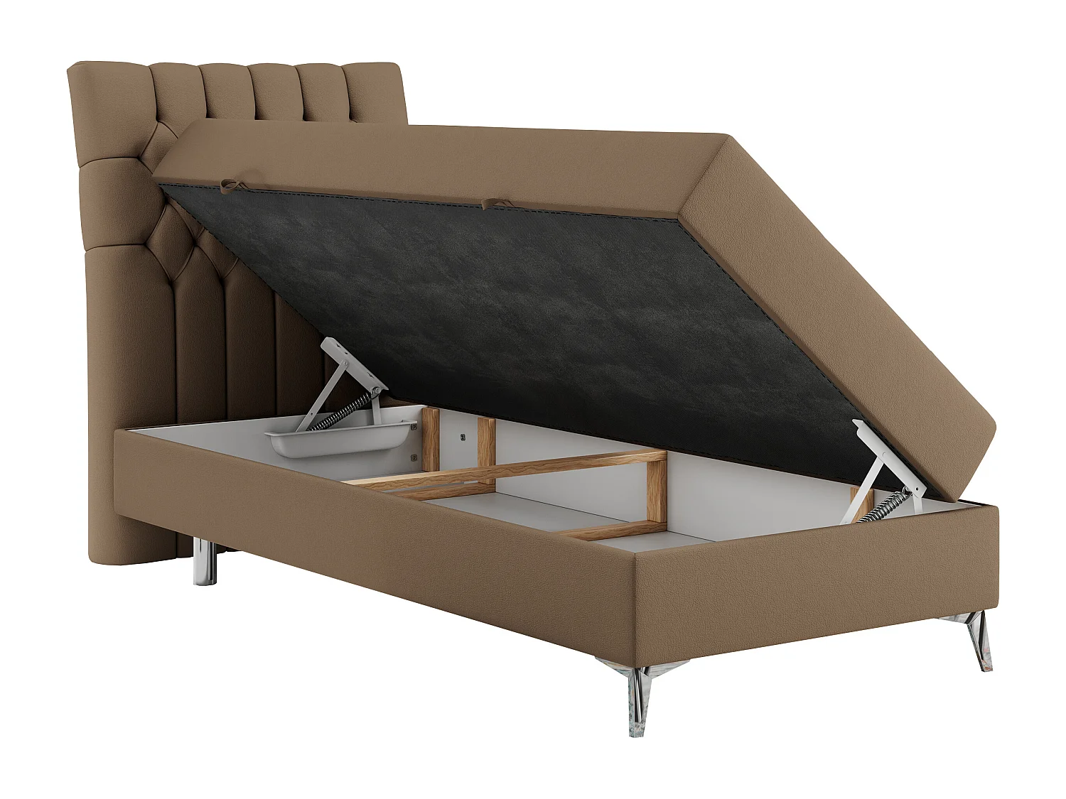 Boxspringbett MILEN - Polsterbett auf Metallbeine, Set mit Multipocket-Matratze, Gesteppte Kopfstütze - 90x200 cm - H3 - Braun Kunstleder - Links Seite