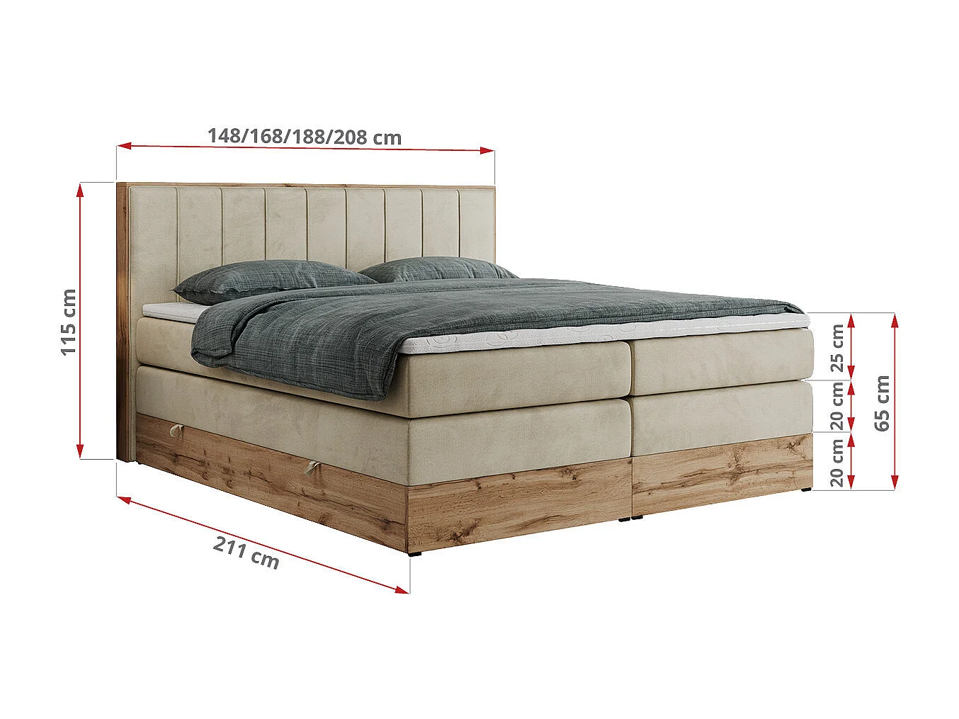 Boxspringbett BELLISSIMO KING - für Schlafzimmer, zwei Multipocket-Matratzen, Set mit Kopfteil und Topper, Holzrahmen - 200x200 cm - H3 - Beige Velvet