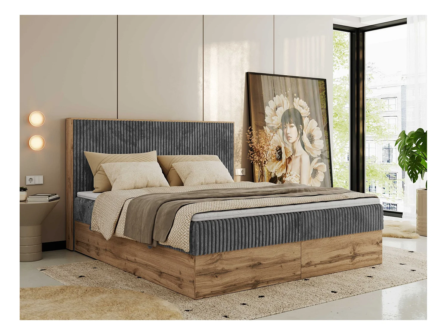 Boxspringbett WOOD CLASSIC - Doppelbett für Schlafzimmer, Set mit Multipocket-Matratze, Holzrahmen - 200x200 cm - H4 - Grau Cord