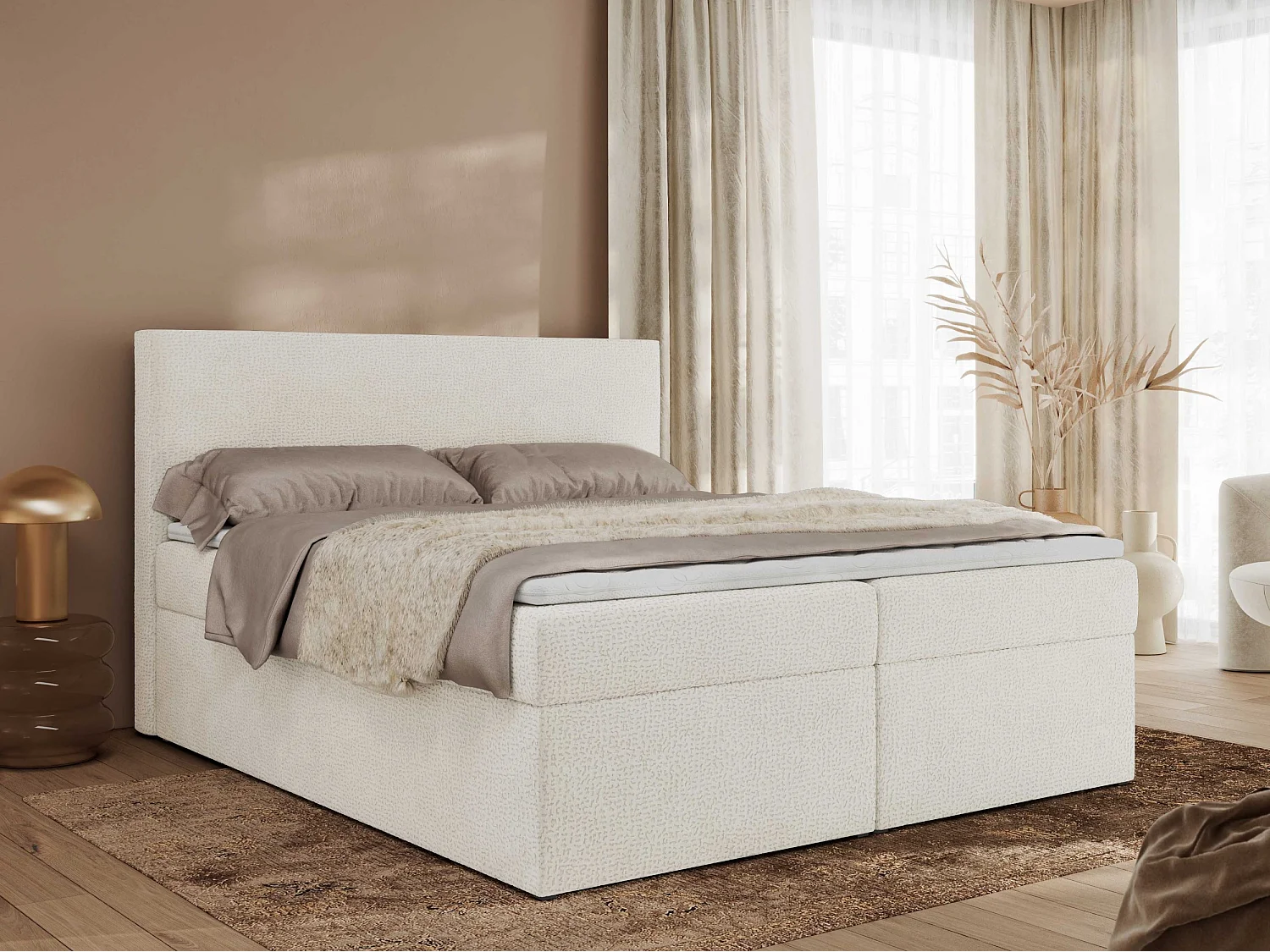 Boxspringbett JAGUAR - Doppelbett mit Multipocket-Matratze und Topper, Struktur dekostoff, zwei Bettkästen - 200x200 cm - H4 - Creme Struktur