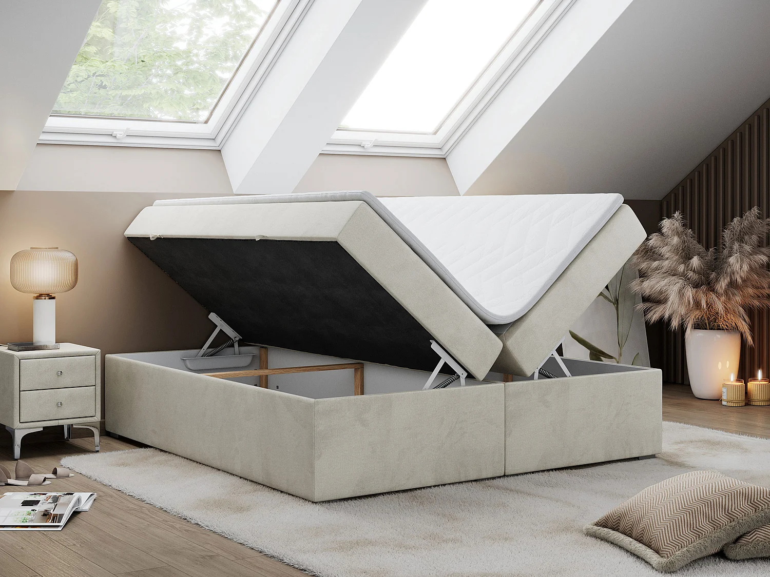 Boxspringbett BESS - Doppelbett mit Stauraum, Polsterbett, Multipocket-Matratzen und Topper - 120x200 cm - H3 - Beige Velvet