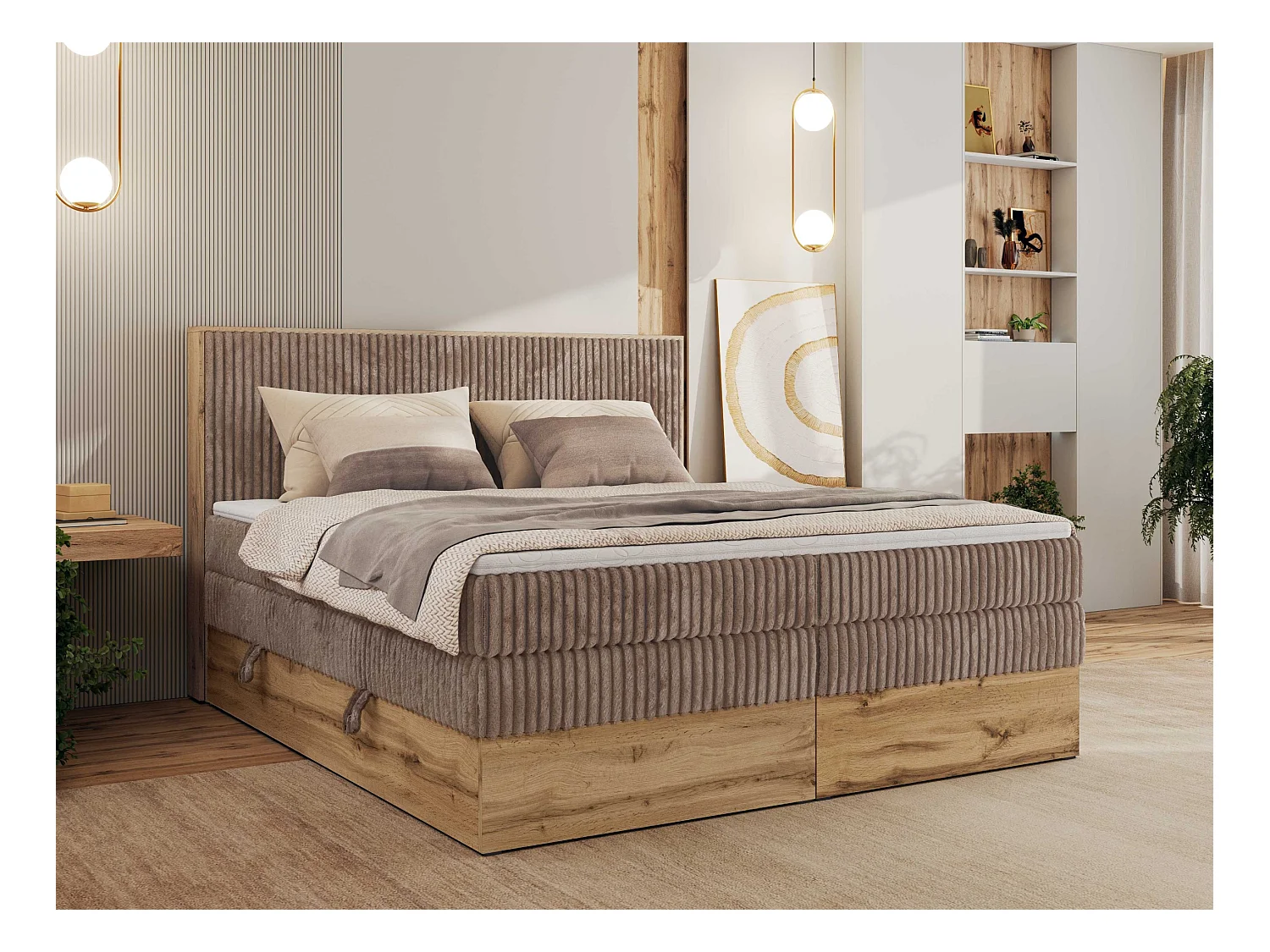 Boxspringbett WOOD CLASSIC KING - Polsterbett mit hohe Kopfteil, zwei Multipocket-Matratze, Bettkästen - 140x200 cm - H3 - Braun Cord