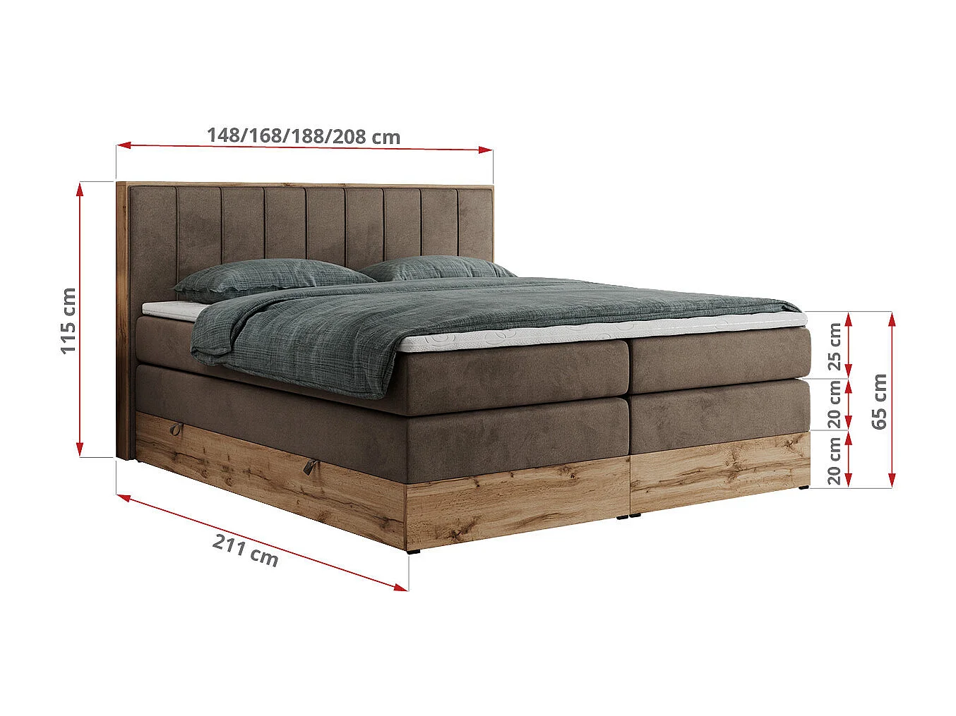 Boxspringbett BELLISSIMO KING - für Schlafzimmer, zwei Multipocket-Matratzen, Set mit Kopfteil und Topper, Holzrahmen - 160x200 cm - H3 - Braun Velvet