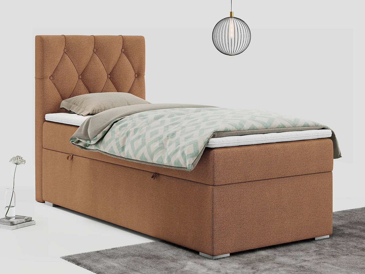 Boxspringbett ALDA - Einzelbett mit gestepptem Kopfteil, Multipocket-Matratze und Topper, Bettkasten - 90x200 cm - H4 - Orange Strukture - Links Seite