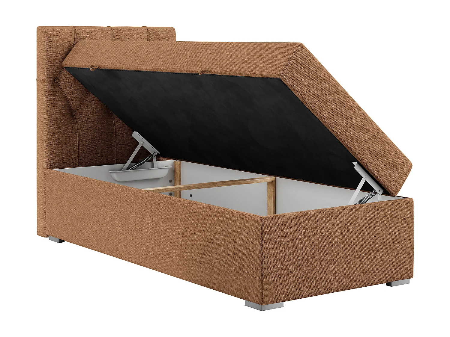 Boxspringbett ALDA - Einzelbett mit gestepptem Kopfteil, Multipocket-Matratze und Topper, Bettkasten - 90x200 cm - H4 - Orange Strukture - Links Seite