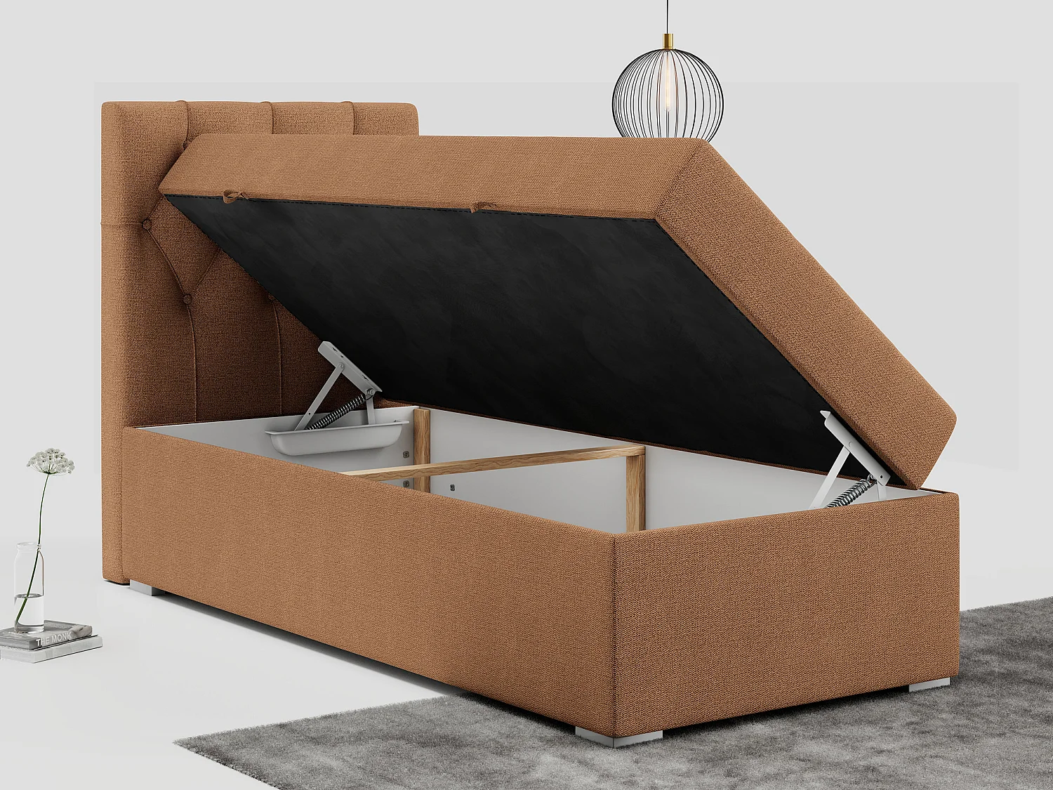 Boxspringbett ALDA - Einzelbett mit gestepptem Kopfteil, Multipocket-Matratze und Topper, Bettkasten - 90x200 cm - H4 - Orange Strukture - Links Seite