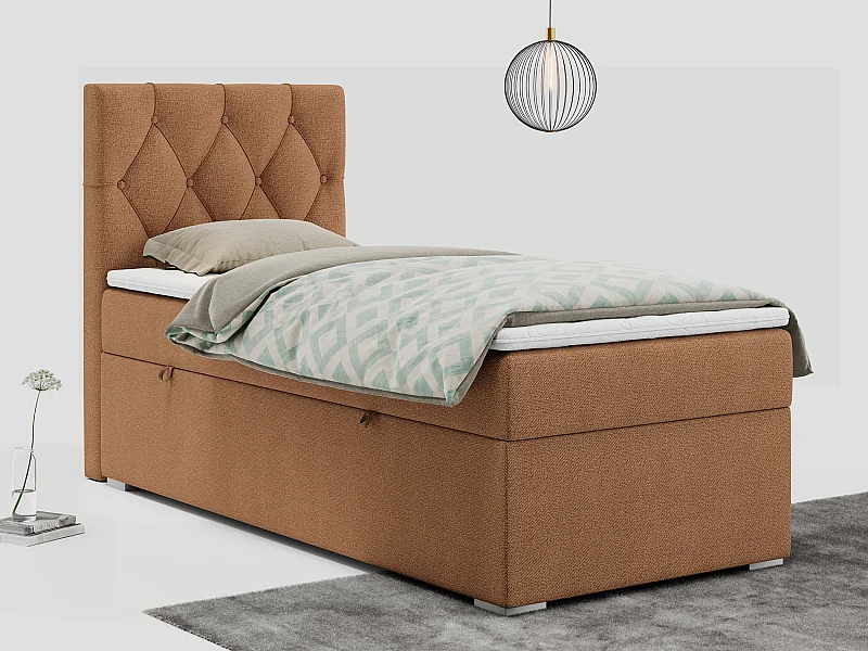 Boxspringbett ALDA - Einzelbett mit gestepptem Kopfteil, Multipocket-Matratze und Topper, Bettkasten - 90x200 cm - H4 - Orange Strukture - Links Seite