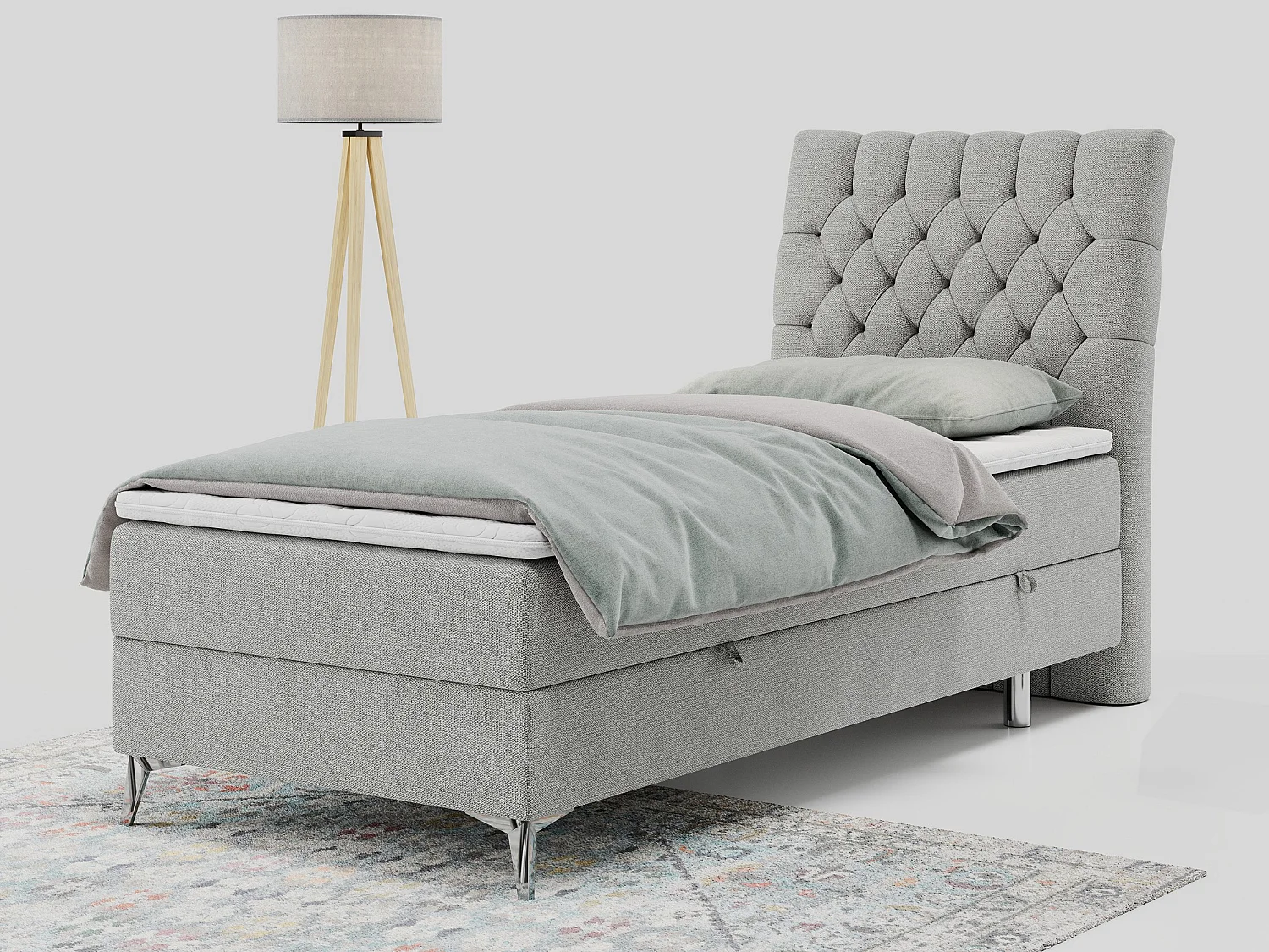 Boxspringbett MILEN - Polsterbett auf Metallbeine, Set mit Multipocket-Matratze, Gesteppte Kopfstütze - 90x200 cm - H4 - Hellgrau Strukture - Rechts Seite