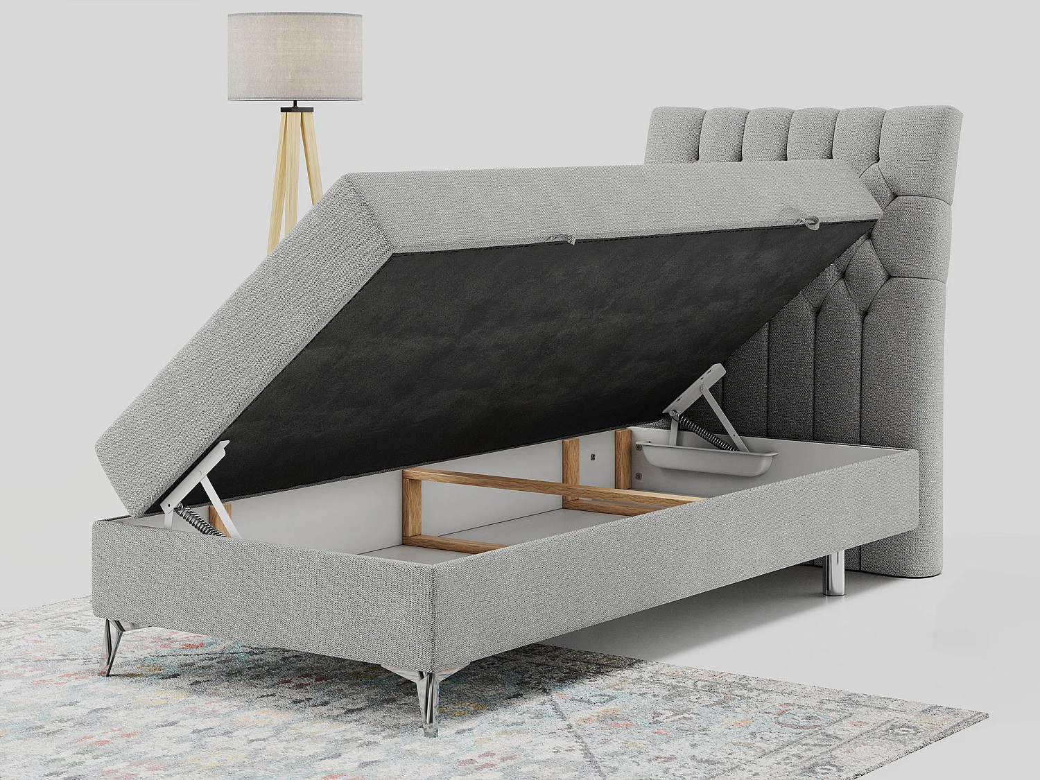 Boxspringbett MILEN - Polsterbett auf Metallbeine, Set mit Multipocket-Matratze, Gesteppte Kopfstütze - 90x200 cm - H4 - Hellgrau Strukture - Rechts Seite