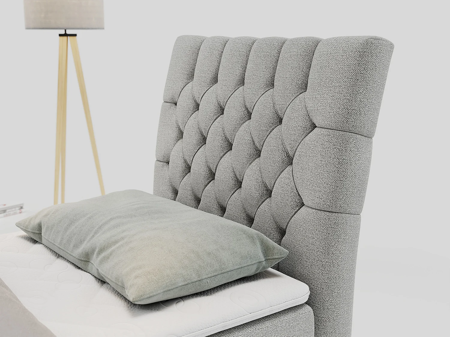 Boxspringbett MILEN - Polsterbett auf Metallbeine, Set mit Multipocket-Matratze, Gesteppte Kopfstütze - 90x200 cm - H4 - Hellgrau Strukture - Rechts Seite