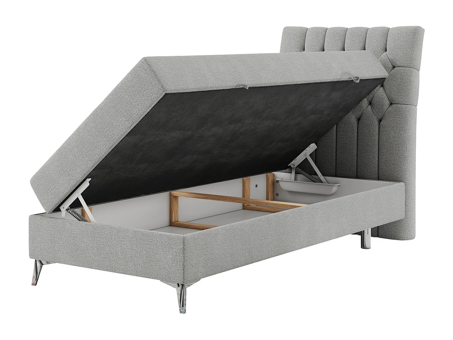 Boxspringbett MILEN - Polsterbett auf Metallbeine, Set mit Multipocket-Matratze, Gesteppte Kopfstütze - 90x200 cm - H4 - Hellgrau Strukture - Rechts Seite