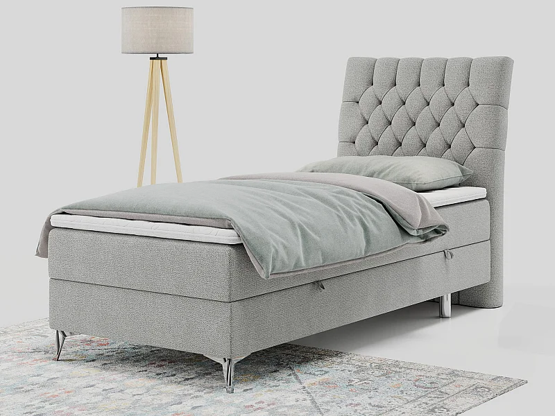 Boxspringbett MILEN - Polsterbett auf Metallbeine, Set mit Multipocket-Matratze, Gesteppte Kopfstütze - 90x200 cm - H4 - Hellgrau Strukture - Rechts Seite