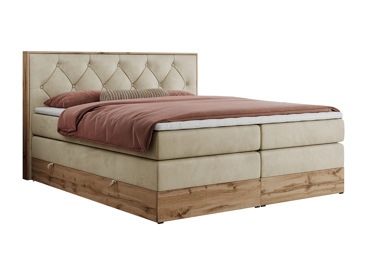 Boxspringbett VENETO KING - Polsterbett mit Multipocket-Matratzen und Kopfteil, Holzrahmen, zwei Bettkästen - 140x200 cm - H4 - Beige Velvet