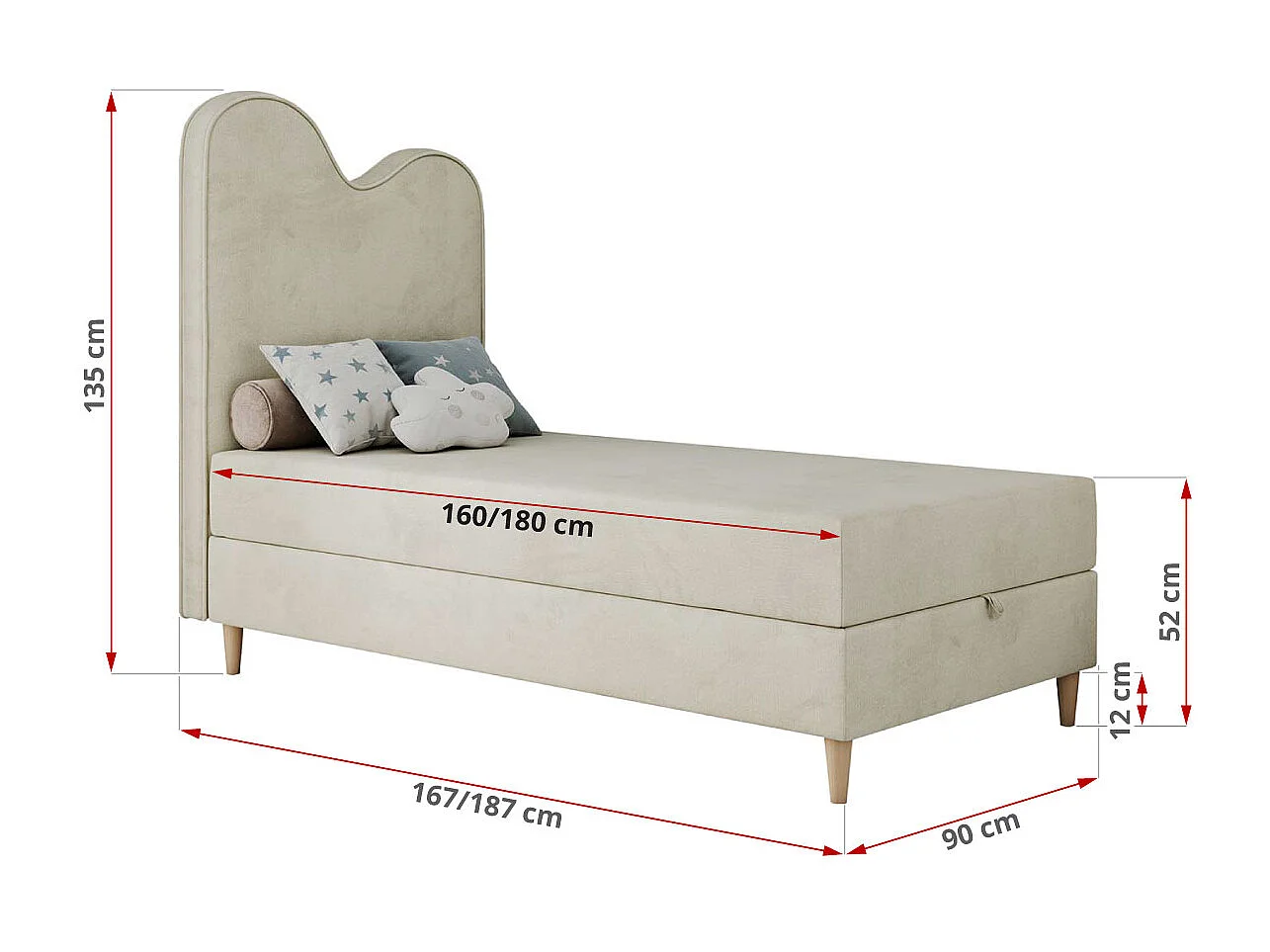 Kinderbett FLOW - Boxspringbett mit Stauraum, Einzelbett für Jugendliche, Bettkasten und hohe Kopfteil - 90x180 cm - Beige Velvet