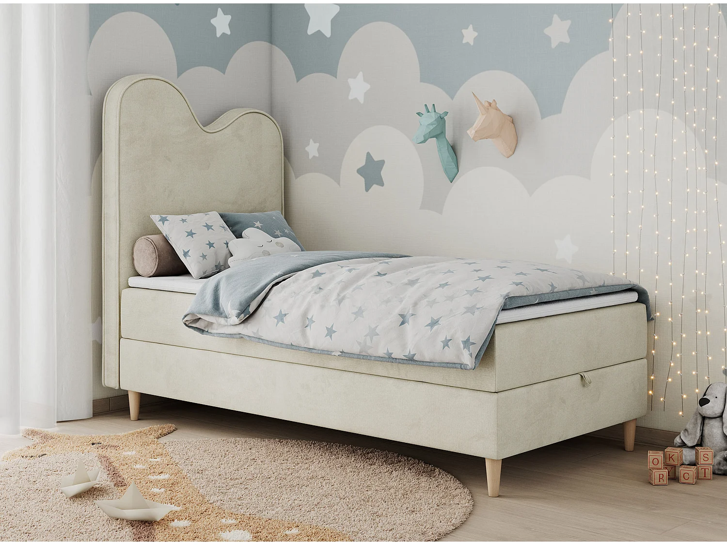 Kinderbett FLOW - Boxspringbett mit Stauraum, Einzelbett für Jugendliche, Bettkasten und hohe Kopfteil - 90x180 cm - Beige Velvet