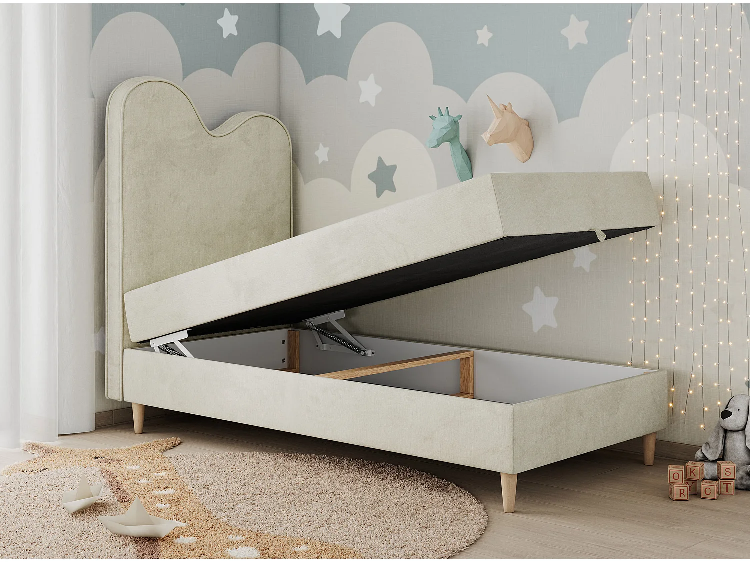Kinderbett FLOW - Boxspringbett mit Stauraum, Einzelbett für Jugendliche, Bettkasten und hohe Kopfteil - 90x180 cm - Beige Velvet