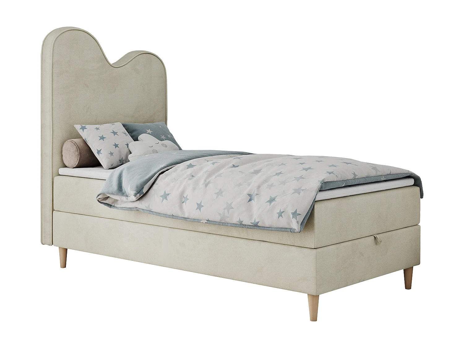 Kinderbett FLOW - Boxspringbett mit Stauraum, Einzelbett für Jugendliche, Bettkasten und hohe Kopfteil - 90x180 cm - Beige Velvet