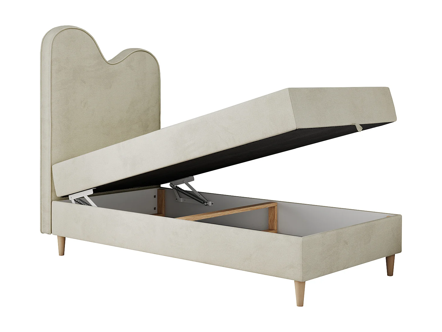 Kinderbett FLOW - Boxspringbett mit Stauraum, Einzelbett für Jugendliche, Bettkasten und hohe Kopfteil - 90x180 cm - Beige Velvet