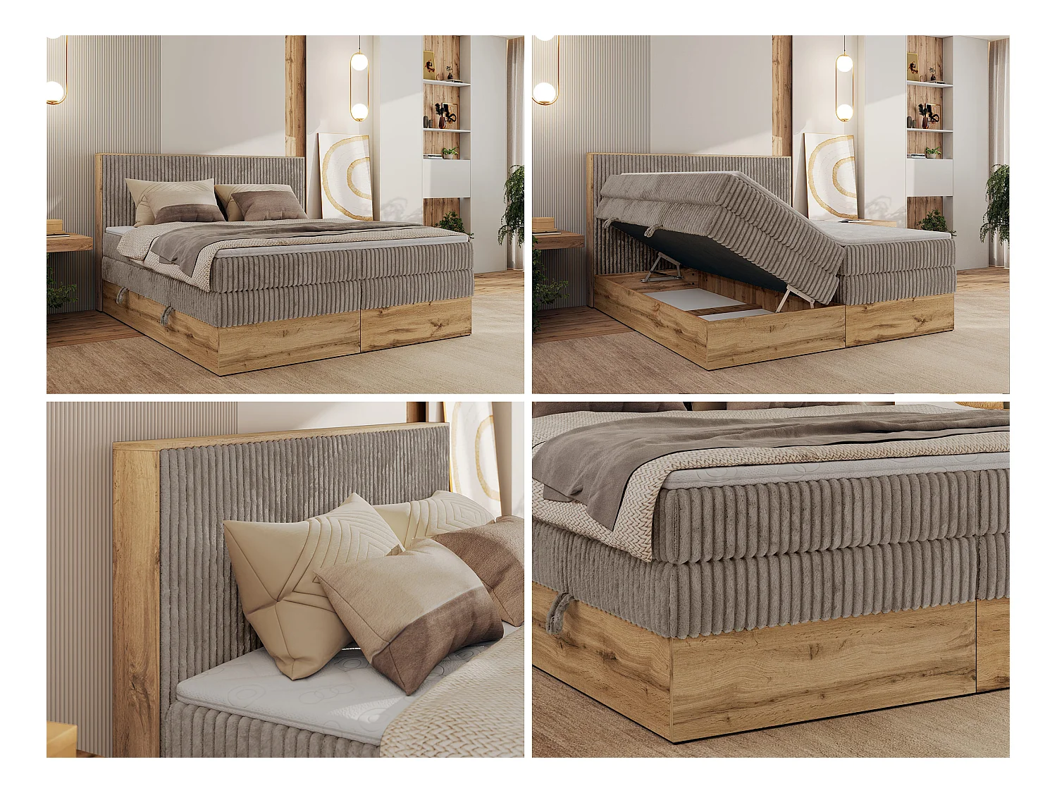Boxspringbett WOOD CLASSIC KING - Polsterbett mit hohe Kopfteil, zwei Multipocket-Matratze, Bettkästen - 140x200 cm - H3 - Hellbraun Cord