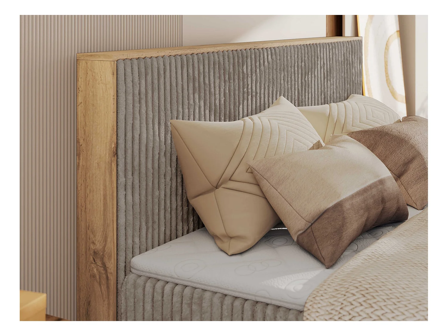 Boxspringbett WOOD CLASSIC KING - Polsterbett mit hohe Kopfteil, zwei Multipocket-Matratze, Bettkästen - 140x200 cm - H3 - Hellbraun Cord