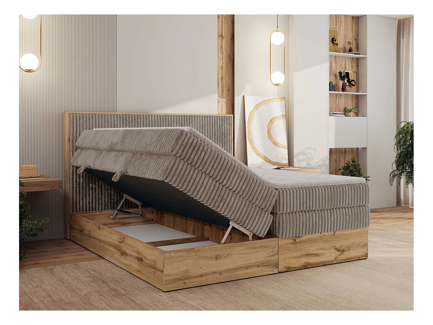 Boxspringbett WOOD CLASSIC KING - Polsterbett mit hohe Kopfteil, zwei Multipocket-Matratze, Bettkästen - 140x200 cm - H3 - Hellbraun Cord