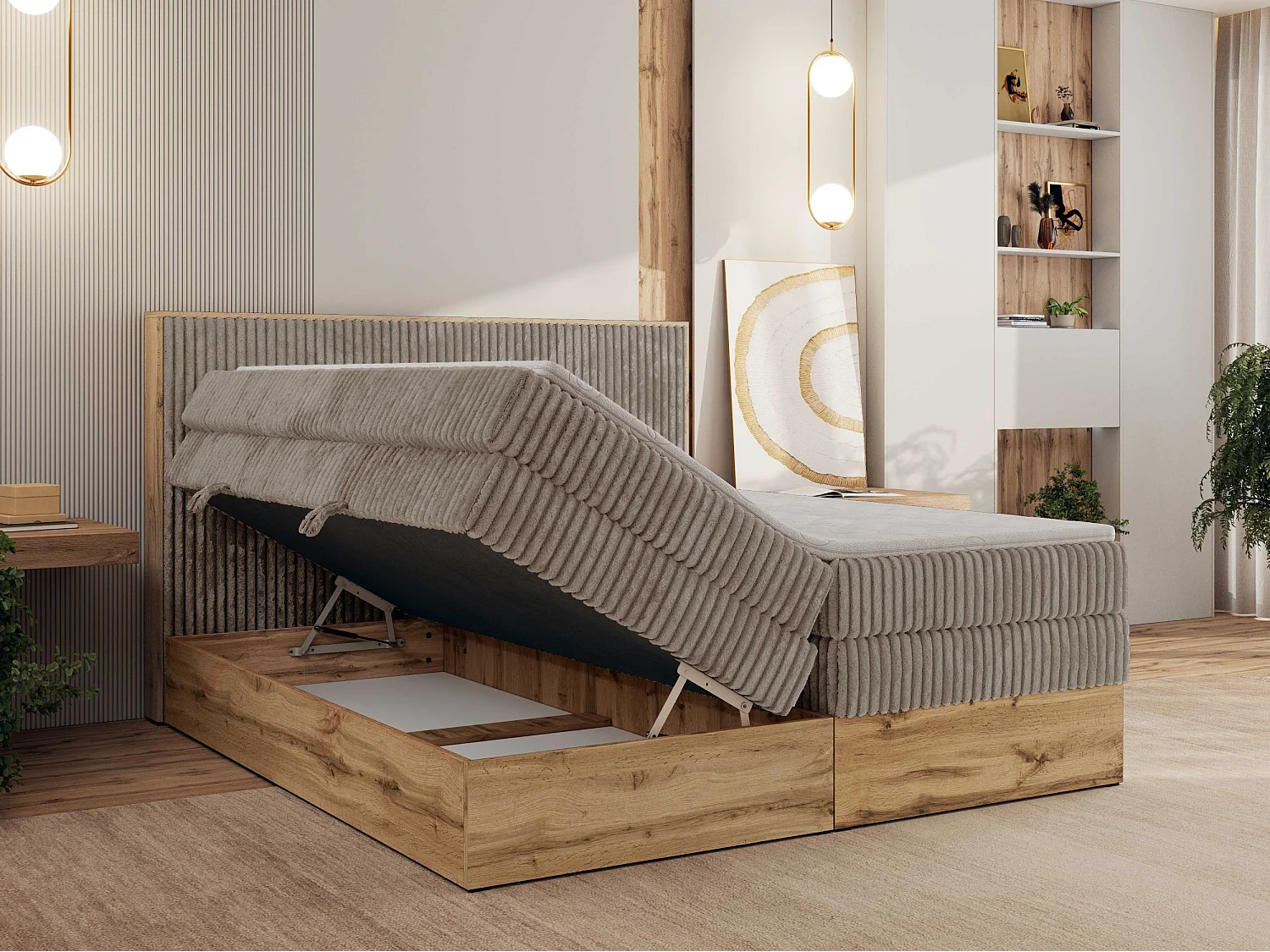 Boxspringbett WOOD CLASSIC KING - Polsterbett mit hohe Kopfteil, zwei Multipocket-Matratze, Bettkästen - 140x200 cm - H3 - Hellbraun Cord