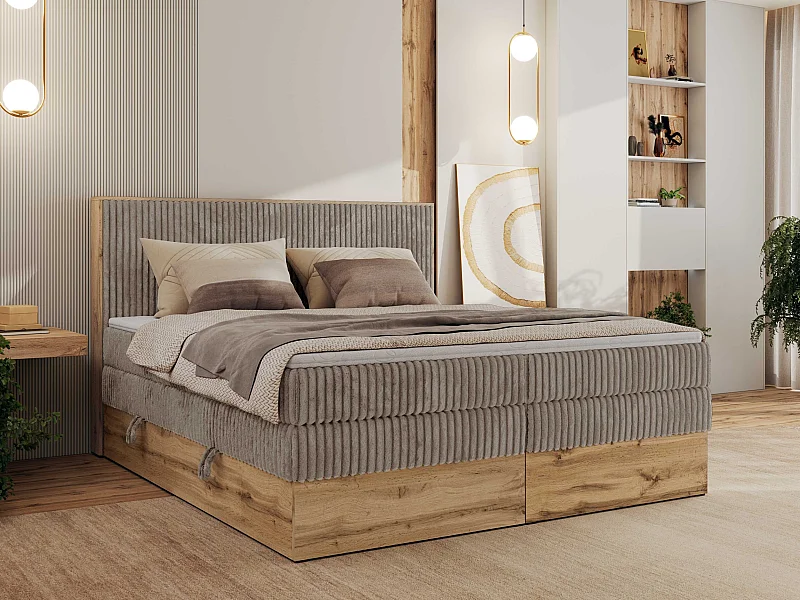 Boxspringbett WOOD CLASSIC KING - Polsterbett mit hohe Kopfteil, zwei Multipocket-Matratze, Bettkästen - 140x200 cm - H3 - Hellbraun Cord