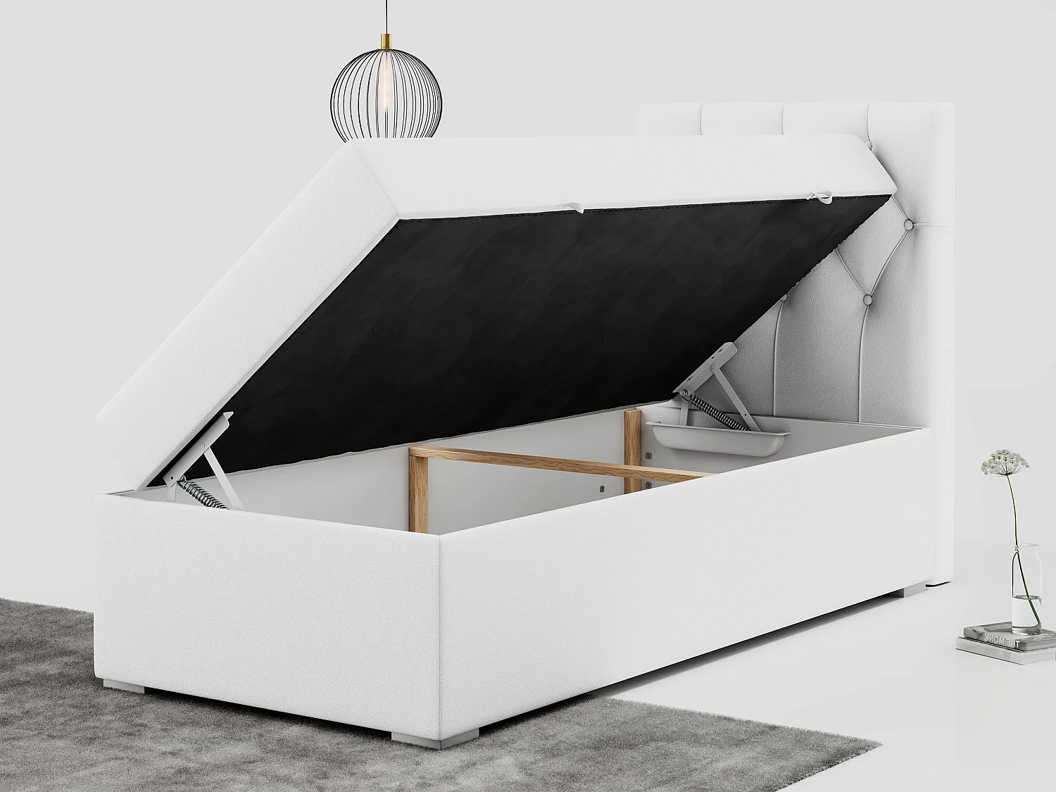 Boxspringbett ALDA - Einzelbett mit gestepptem Kopfteil, Multipocket-Matratze und Topper, Bettkasten - 90x200 cm - H4 - Weiß Kunstleder - Rechts Seite