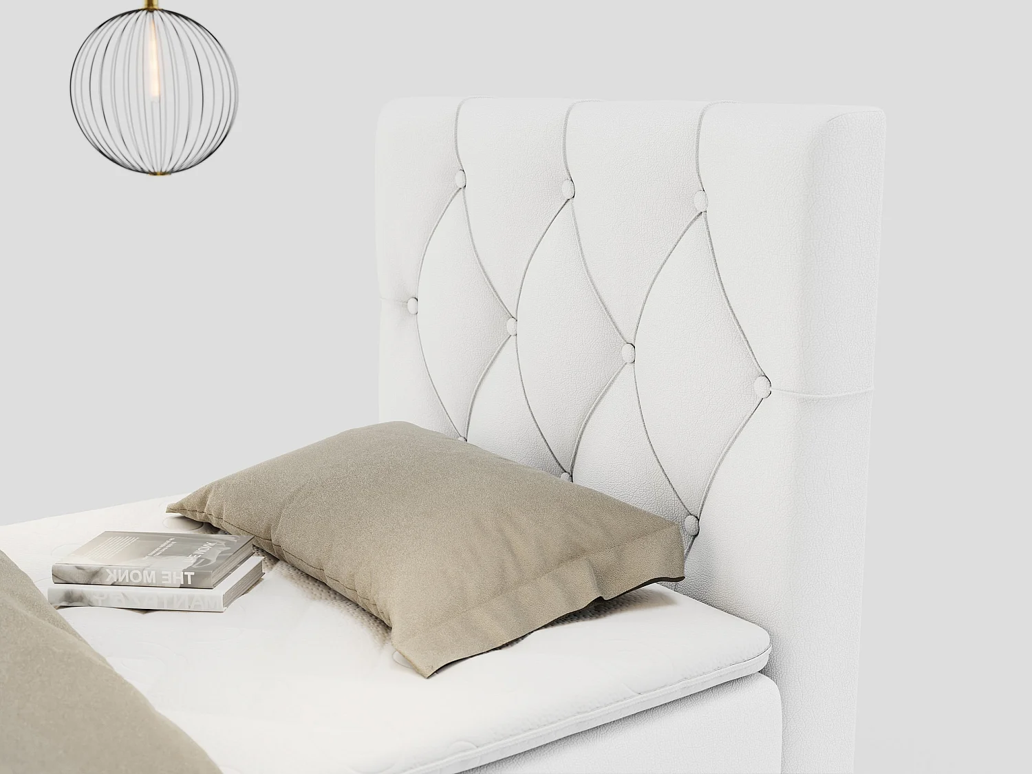 Boxspringbett ALDA - Einzelbett mit gestepptem Kopfteil, Multipocket-Matratze und Topper, Bettkasten - 90x200 cm - H4 - Weiß Kunstleder - Rechts Seite