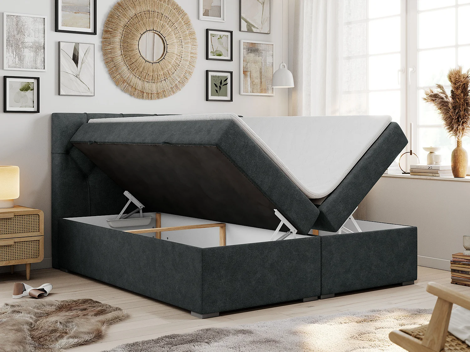 Boxspringbett ALDA - Doppelbett mit gestepptem Kopfteil, Multipocket-Matratze und Topper, zwei Bettkästen - 200x200 cm - H4 - Dunkelgrau Strukture
