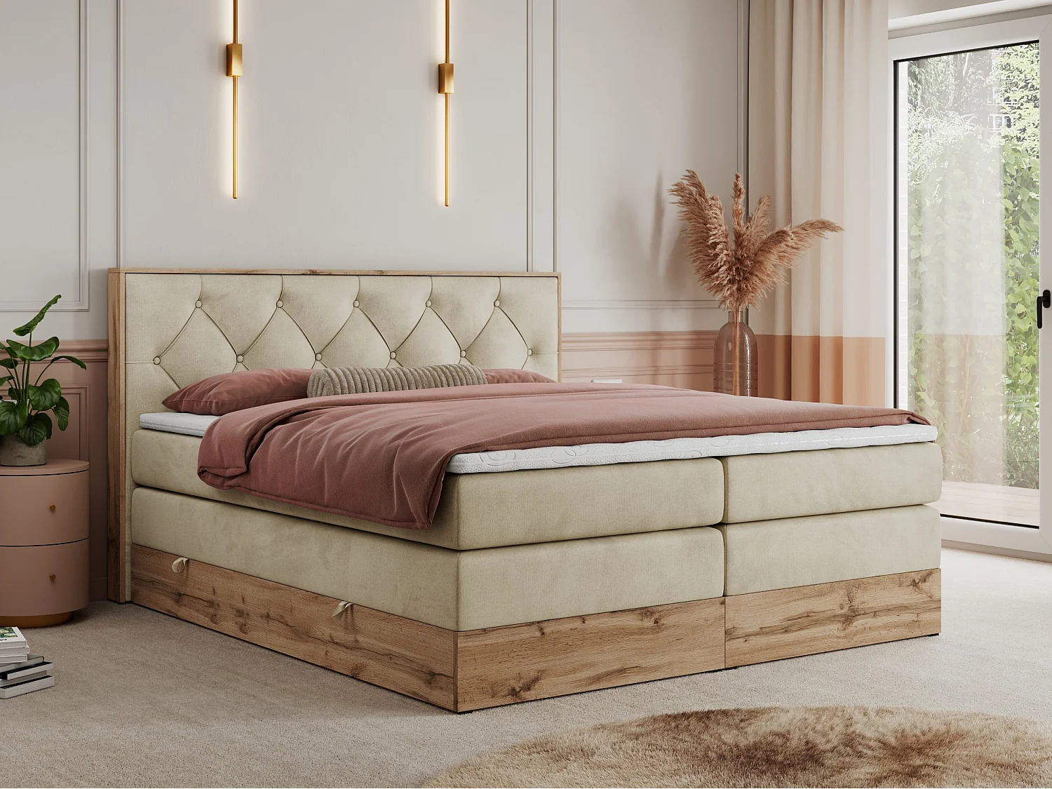 Boxspringbett VENETO KING - Polsterbett mit Multipocket-Matratzen und Kopfteil, Holzrahmen, zwei Bettkästen - 160x200 cm - H4 - Beige Velvet