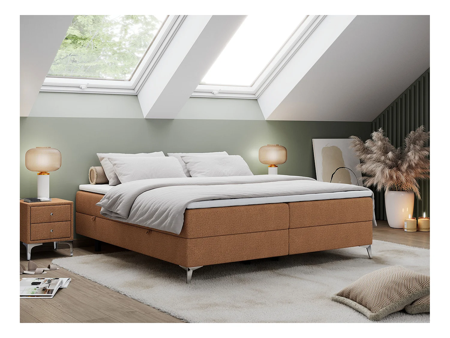 Boxspringbett LESS - Doppelbett mit zwei Bettkästen, 7 Härtezonen Multipocket-Matratzen, hohe Metallbeine - 200x200 cm - H3 - Orange Strukture