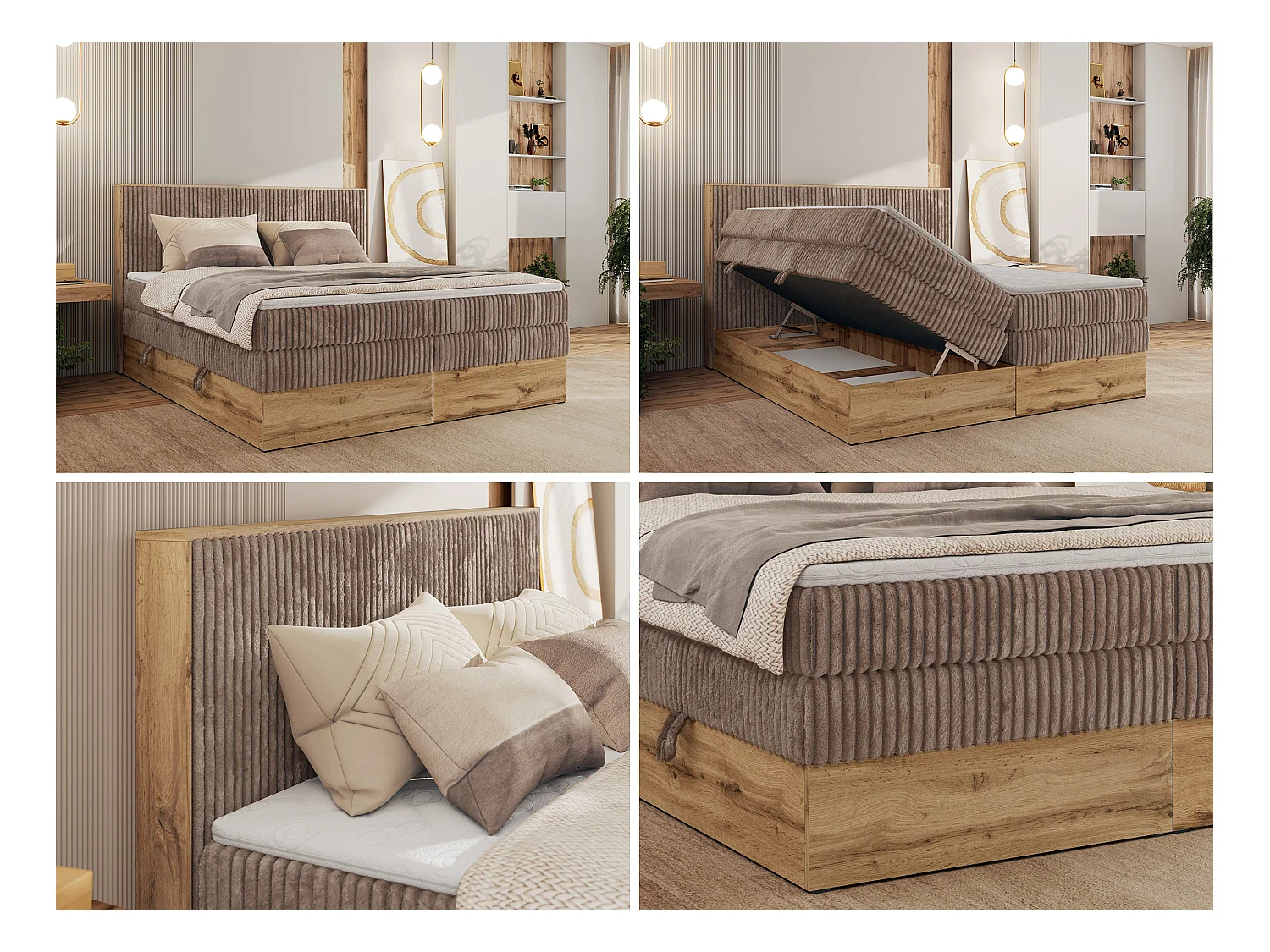 Boxspringbett WOOD CLASSIC KING - Polsterbett mit hohe Kopfteil, zwei Multipocket-Matratze, Bettkästen - 160x200 cm - H4 - Braun Cord