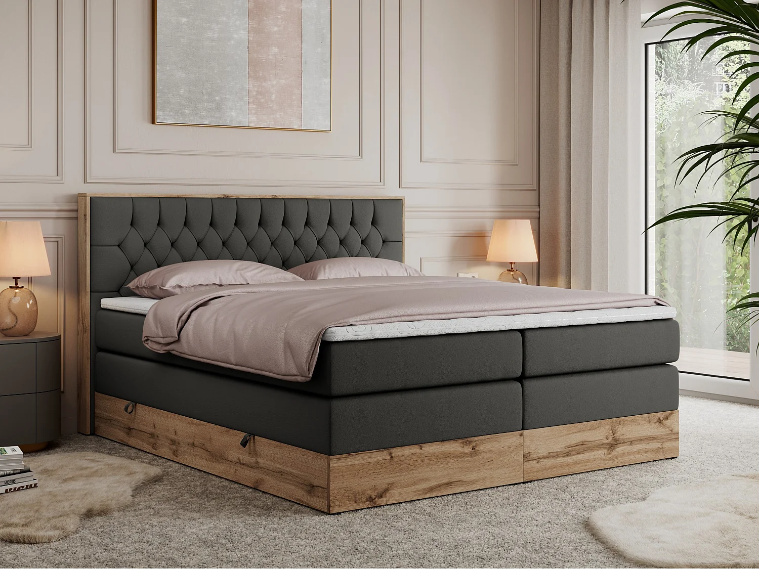 Boxspringbett AMORE KING - gesteppte Kopfstütze, Polsterbett mit zwei Multipocket-Matratzen, Holzrahmen - 160x200 cm - H4 - Dunkelgrau Kunstleder